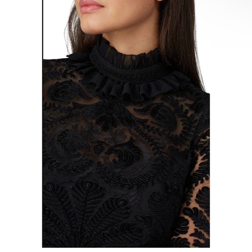 Monique Lhuillier Black Mesh Trim Velvet Blouse - Picture 4 of 5